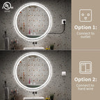 Miroir de coiffure rond sans cadre, à éclairage LED, avec fonction de gradation et anti-buée.