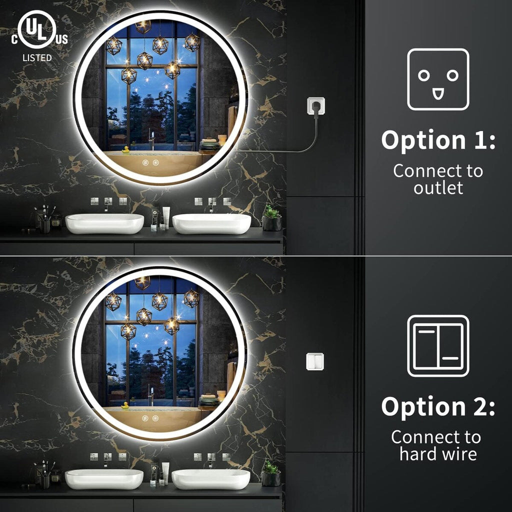 Miroir de coiffure rond sans cadre, à éclairage LED, avec fonction de gradation et anti-buée.