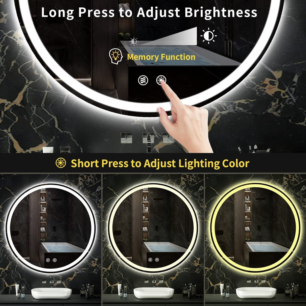 Miroir de coiffure rond sans cadre, à éclairage LED, avec fonction de gradation et anti-buée.