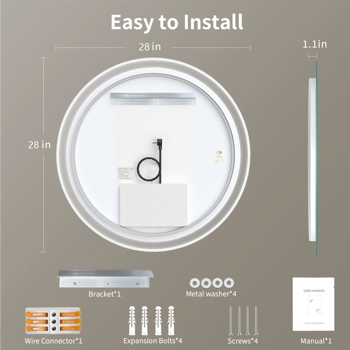 Miroir de coiffure rond sans cadre, à éclairage LED, avec fonction de gradation et anti-buée.