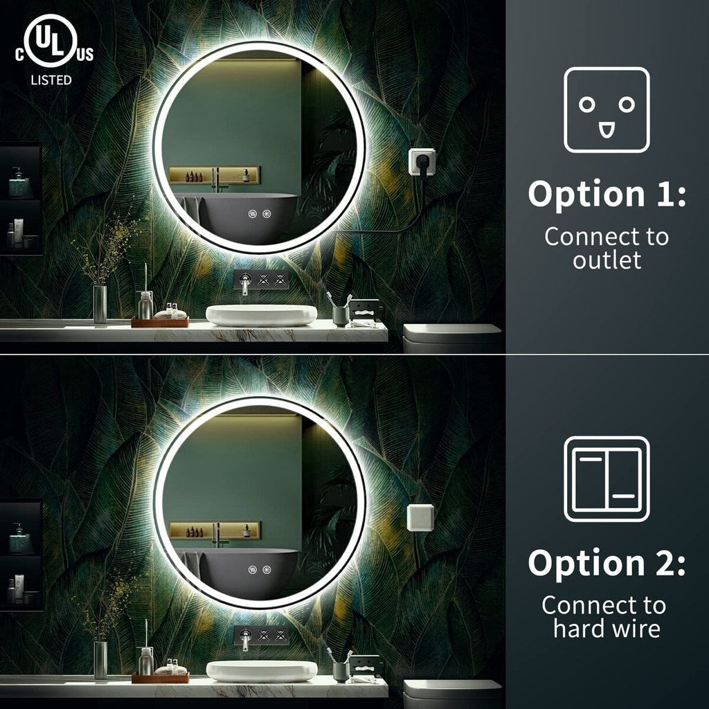 Miroir de coiffure rond sans cadre, à éclairage LED, avec fonction de gradation et anti-buée.