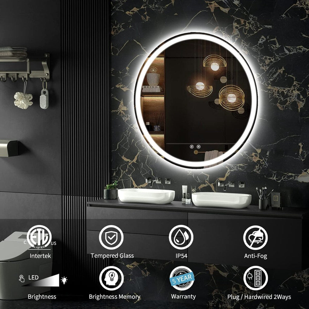 Miroir de coiffure rond sans cadre, à éclairage LED, avec fonction de gradation et anti-buée.