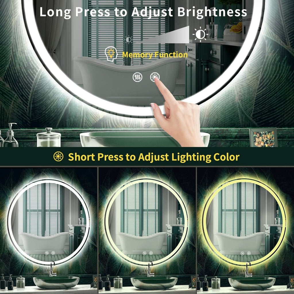 Miroir de coiffure rond sans cadre, à éclairage LED, avec fonction de gradation et anti-buée.