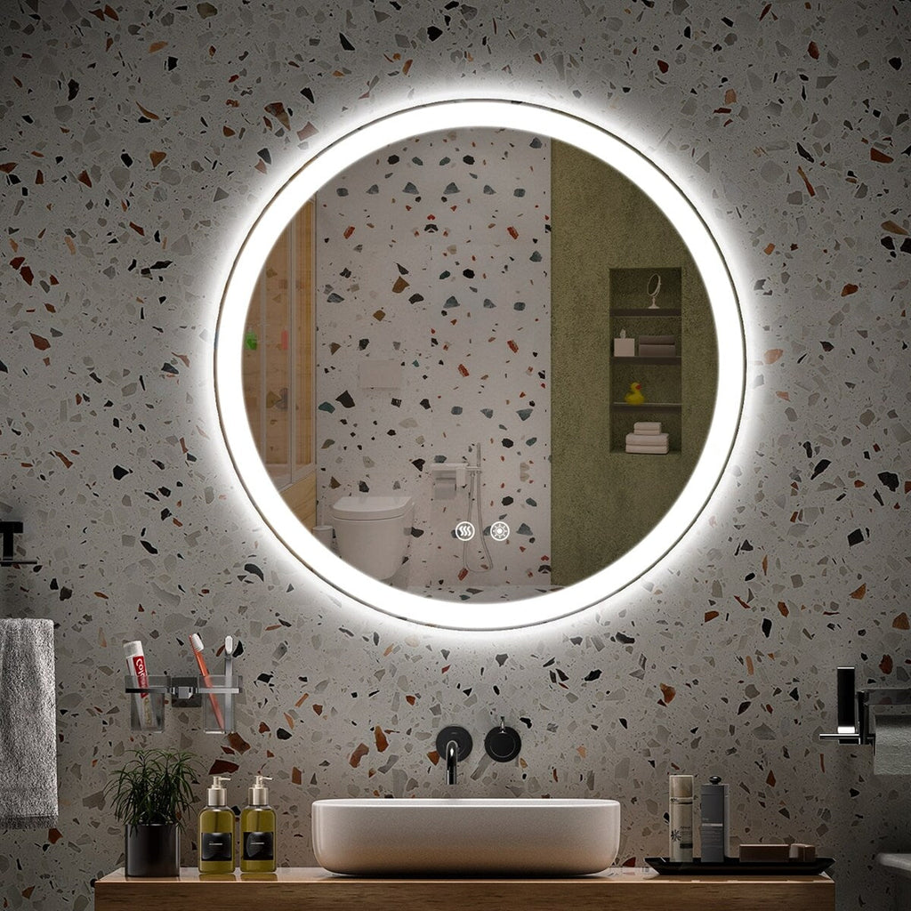 Miroir de coiffure rond sans cadre, à éclairage LED, avec fonction de gradation et anti-buée.