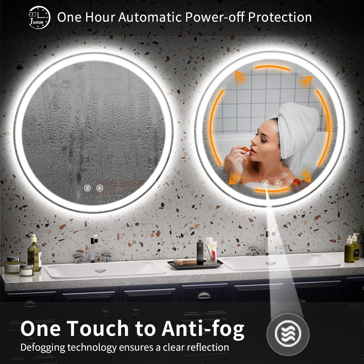 Miroir de coiffure rond sans cadre, à éclairage LED, avec fonction de gradation et anti-buée.