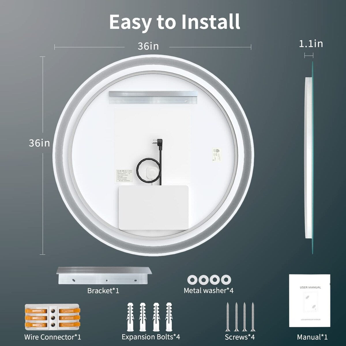 Miroir de coiffure rond sans cadre, à éclairage LED, avec fonction de gradation et anti-buée.