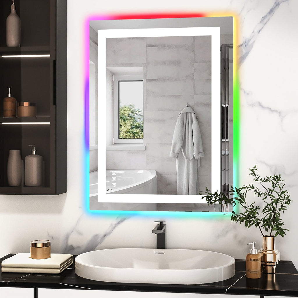 Miroir de salle de bain anti-buée avec rétroéclairage RGB et éclairage LED frontal