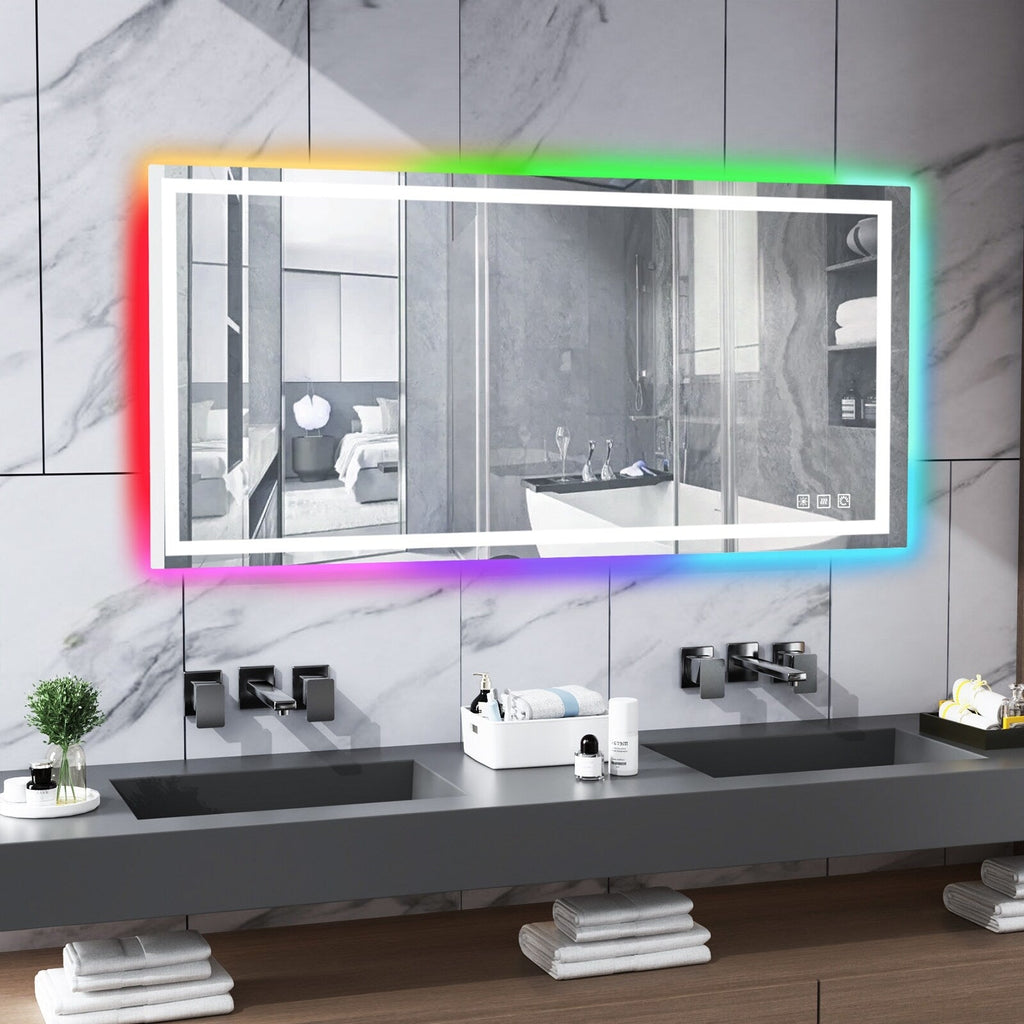 Miroir de salle de bain anti-buée avec rétroéclairage RGB et éclairage LED frontal
