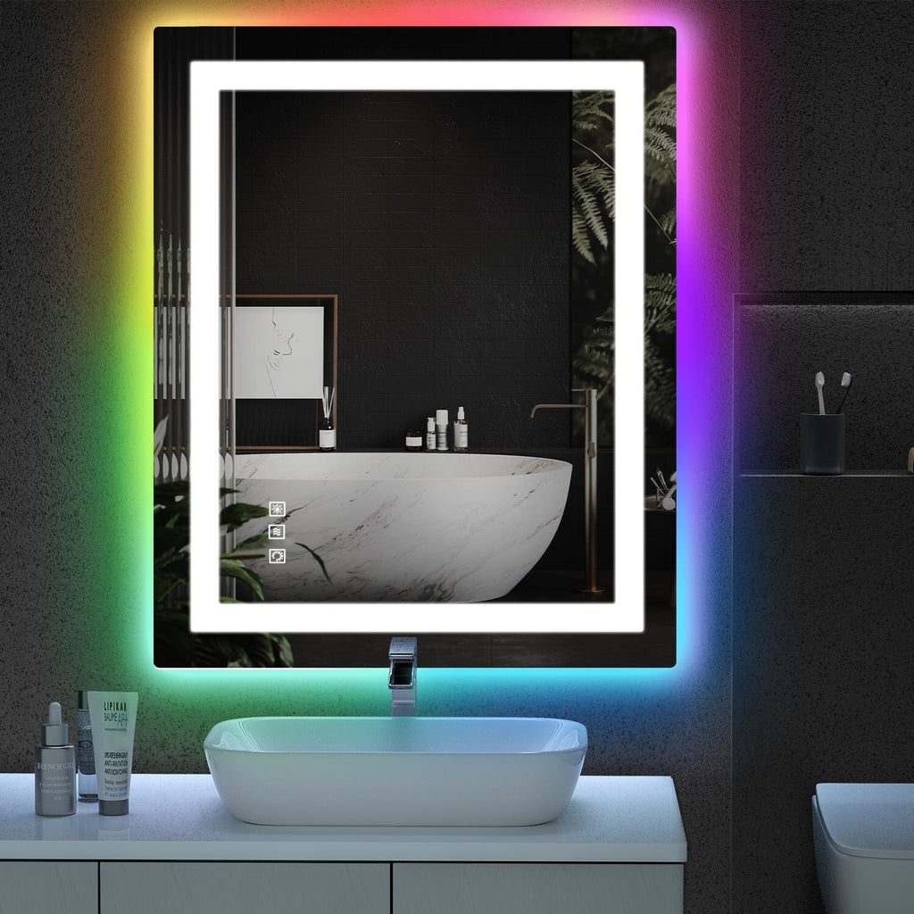 Miroir de salle de bain anti-buée avec rétroéclairage RGB et éclairage LED frontal