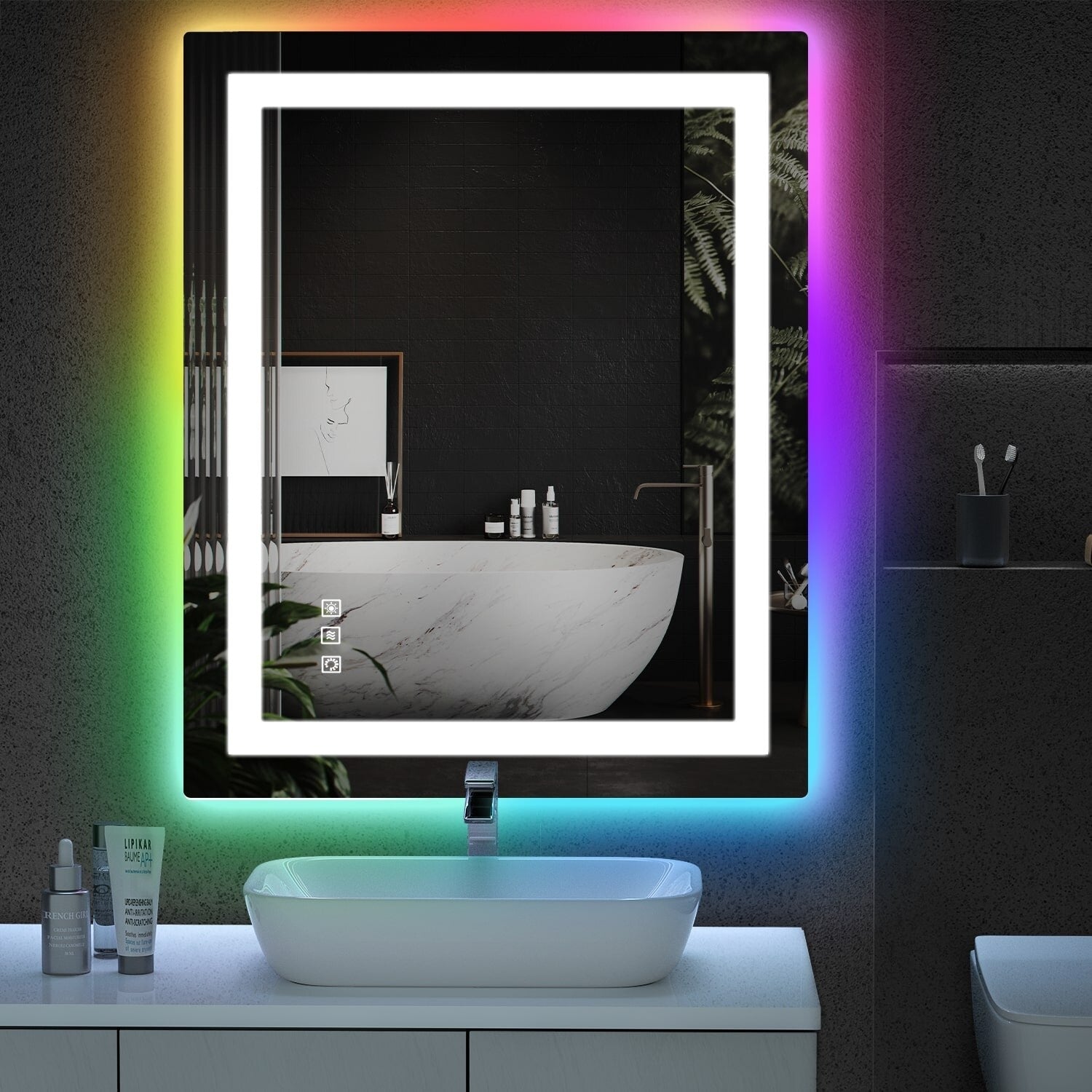 Miroir de salle de bain anti-buée avec rétroéclairage RGB et éclairage LED frontal