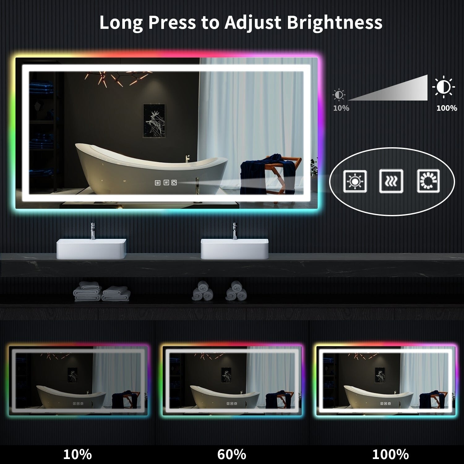 Miroir de salle de bain anti-buée avec rétroéclairage RGB et éclairage LED frontal