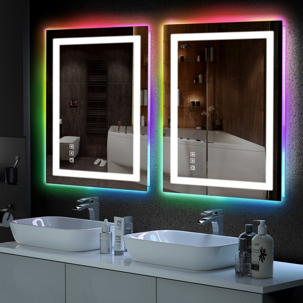 Miroir de salle de bain anti-buée avec rétroéclairage RGB et éclairage LED frontal