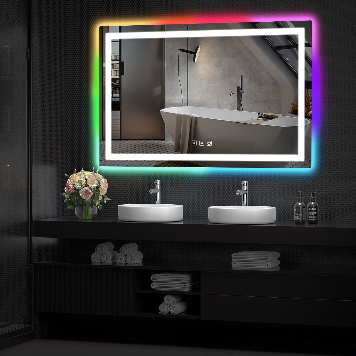 Miroir de salle de bain anti-buée avec rétroéclairage RGB et éclairage LED frontal