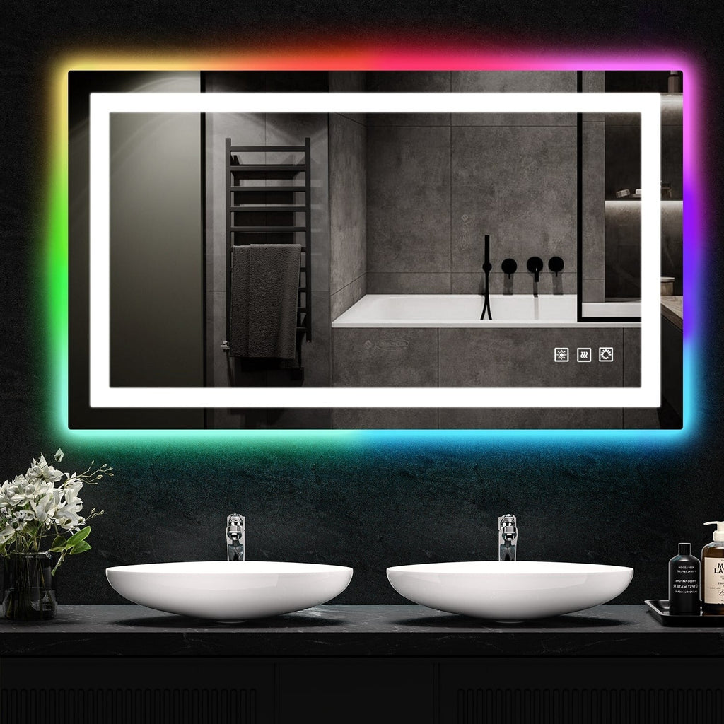 Miroir de salle de bain anti-buée avec rétroéclairage RGB et éclairage LED frontal
