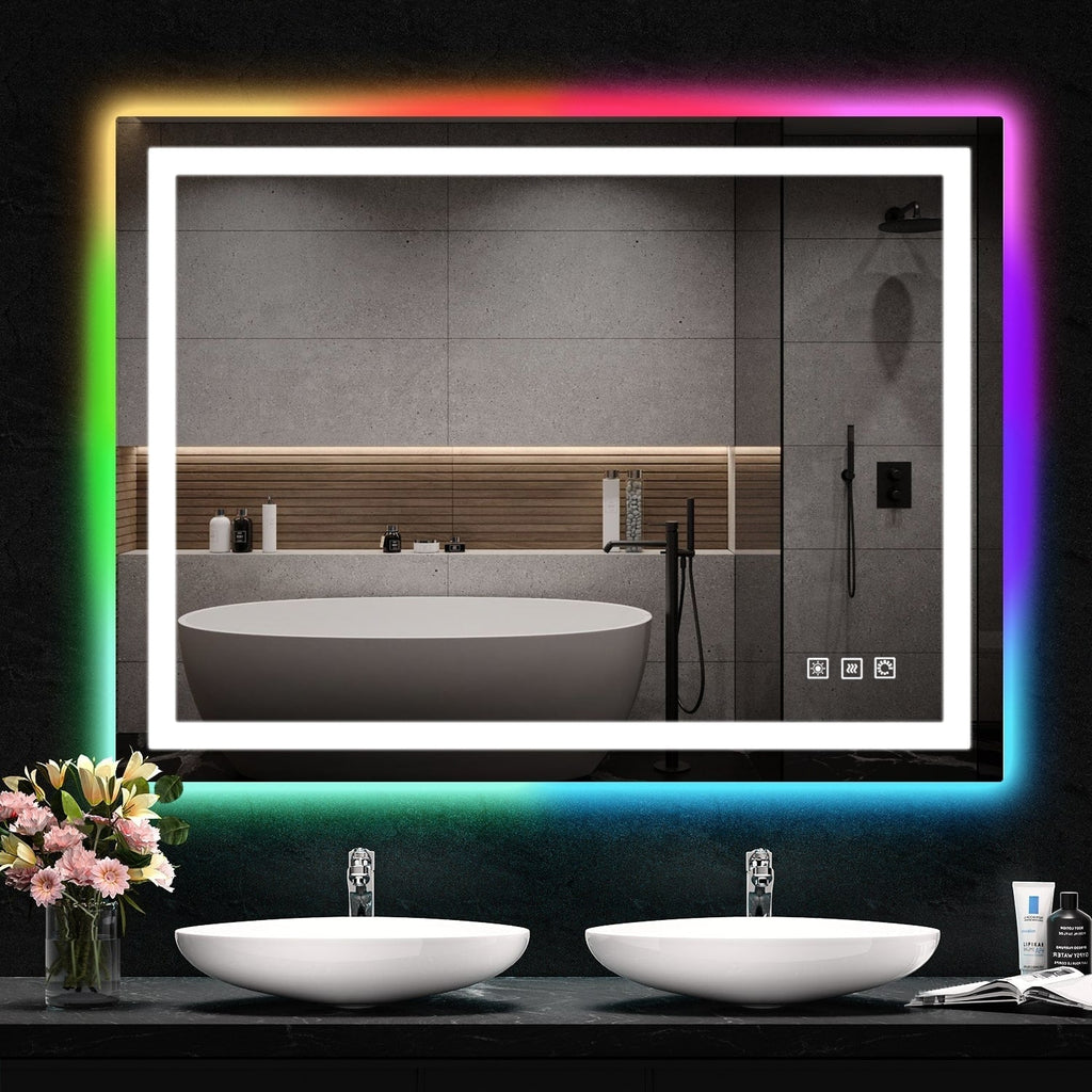 Miroir de salle de bain anti-buée avec rétroéclairage RGB et éclairage LED frontal