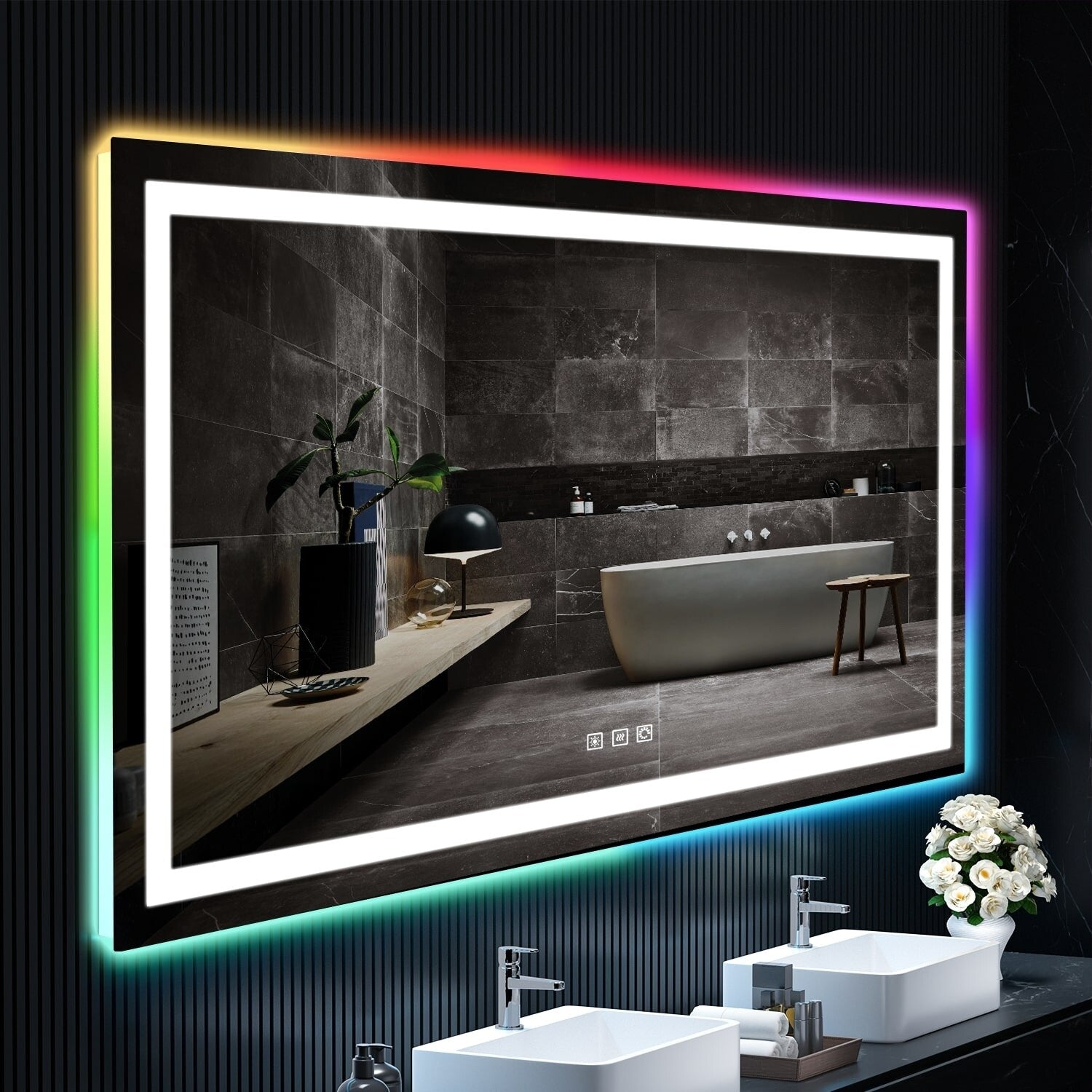 Miroir de salle de bain anti-buée avec rétroéclairage RGB et éclairage LED frontal