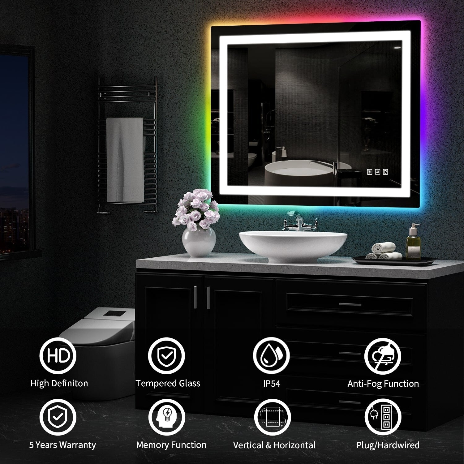 Miroir de salle de bain anti-buée avec rétroéclairage RGB et éclairage LED frontal