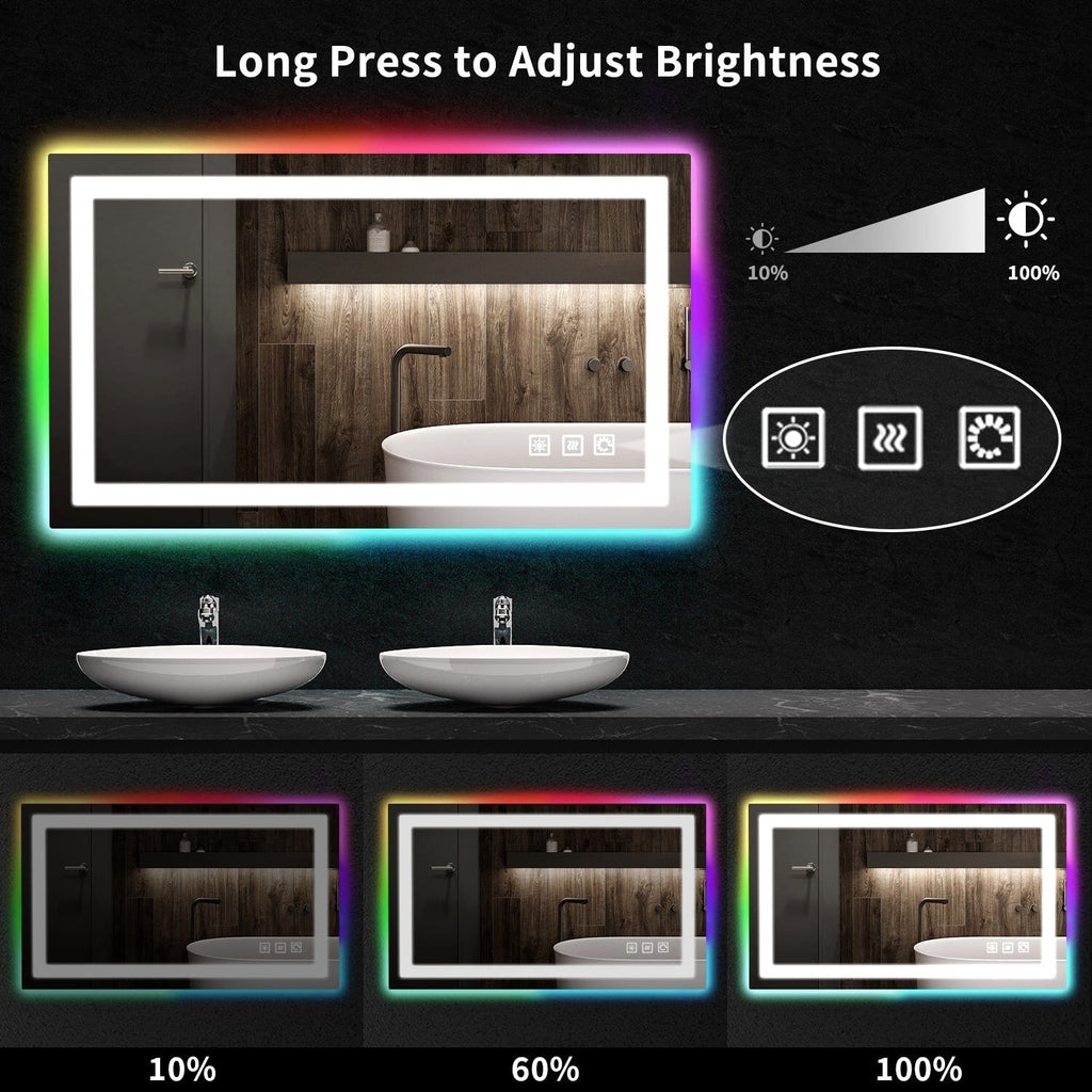 Miroir de salle de bain anti-buée avec rétroéclairage RGB et éclairage LED frontal