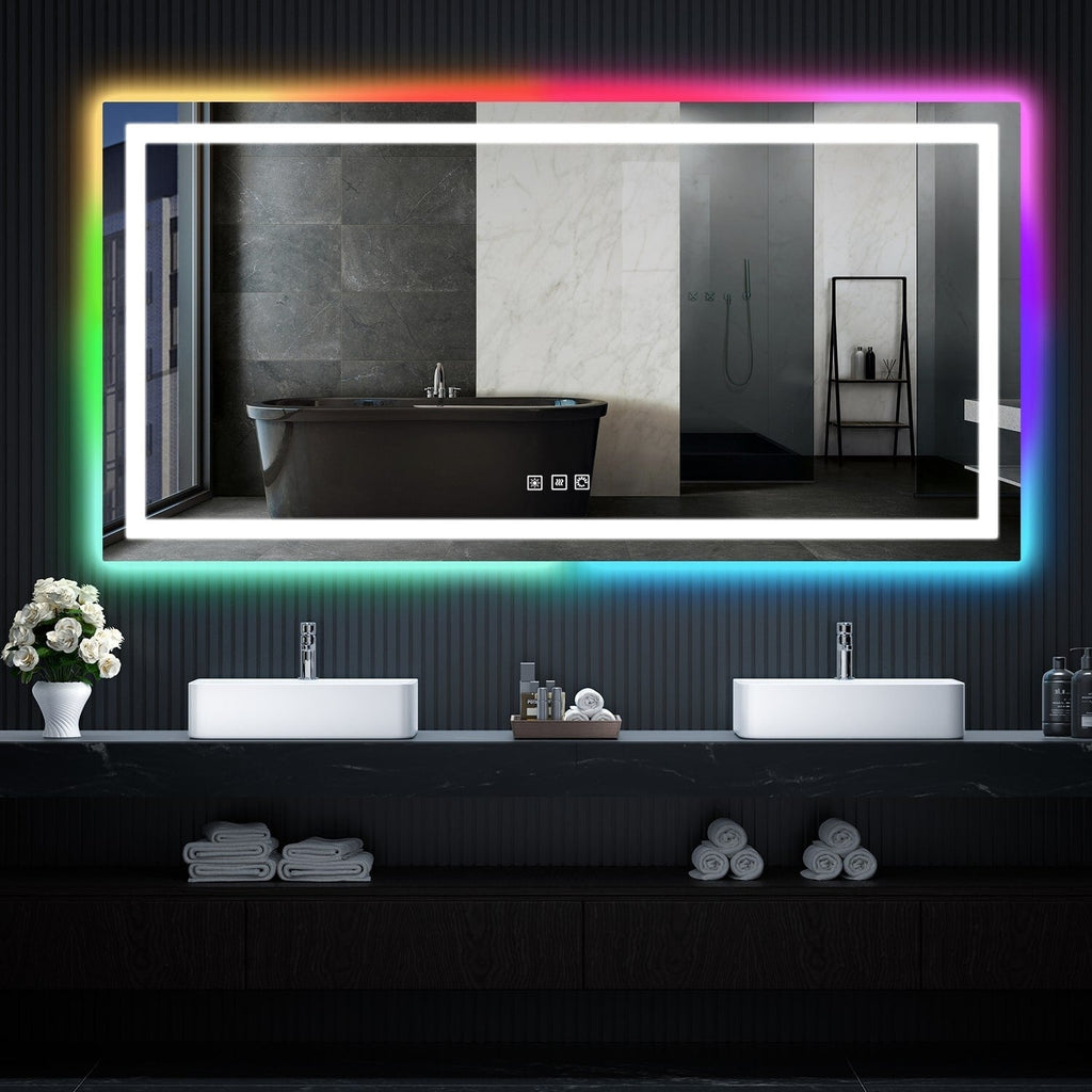 Miroir de salle de bain anti-buée avec rétroéclairage RGB et éclairage LED frontal