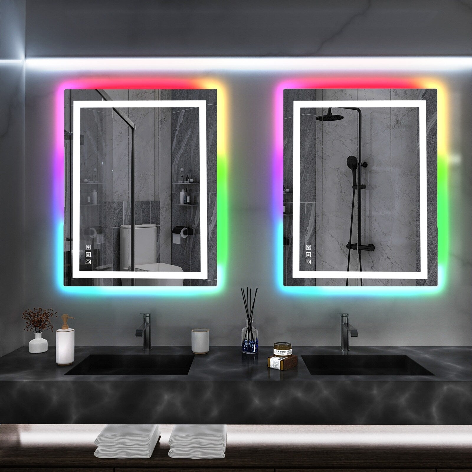 Miroir de salle de bain anti-buée avec rétroéclairage RGB et éclairage LED frontal