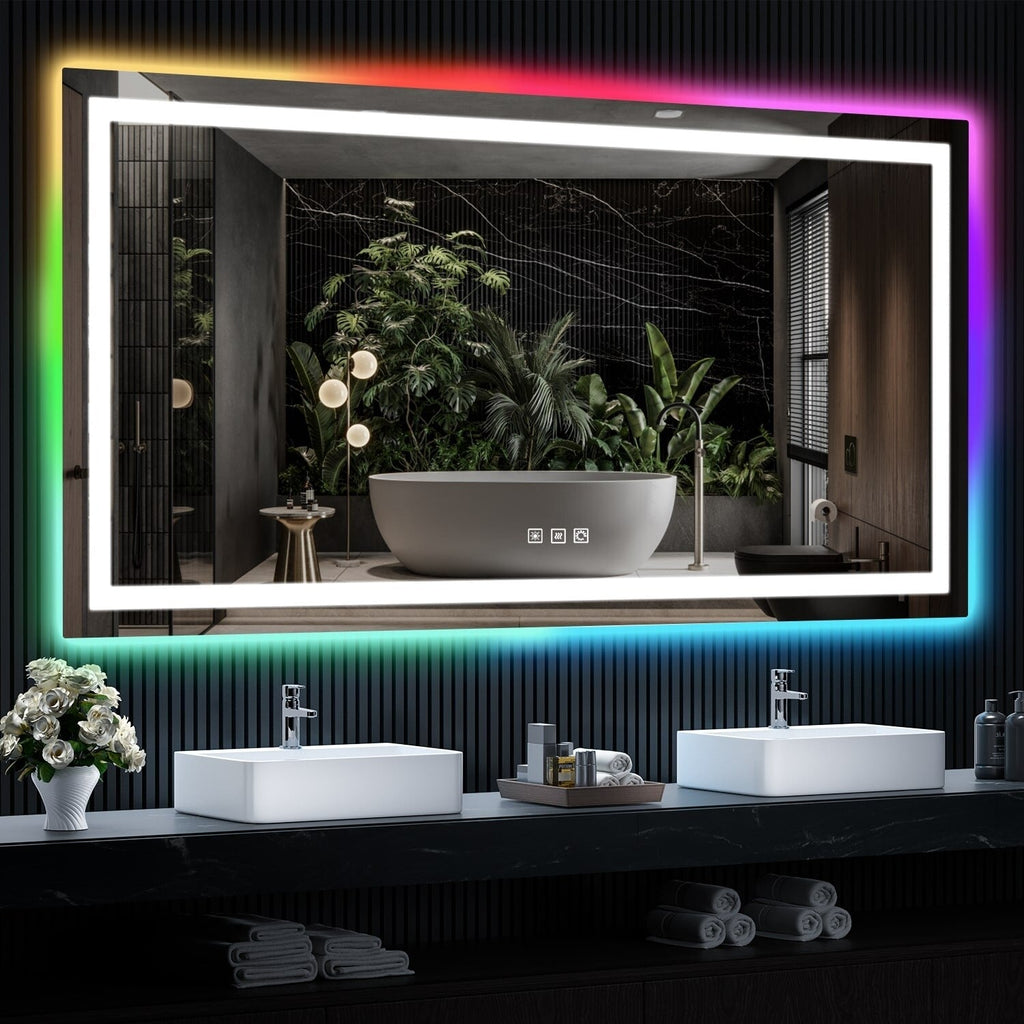 Miroir de salle de bain anti-buée avec rétroéclairage RGB et éclairage LED frontal