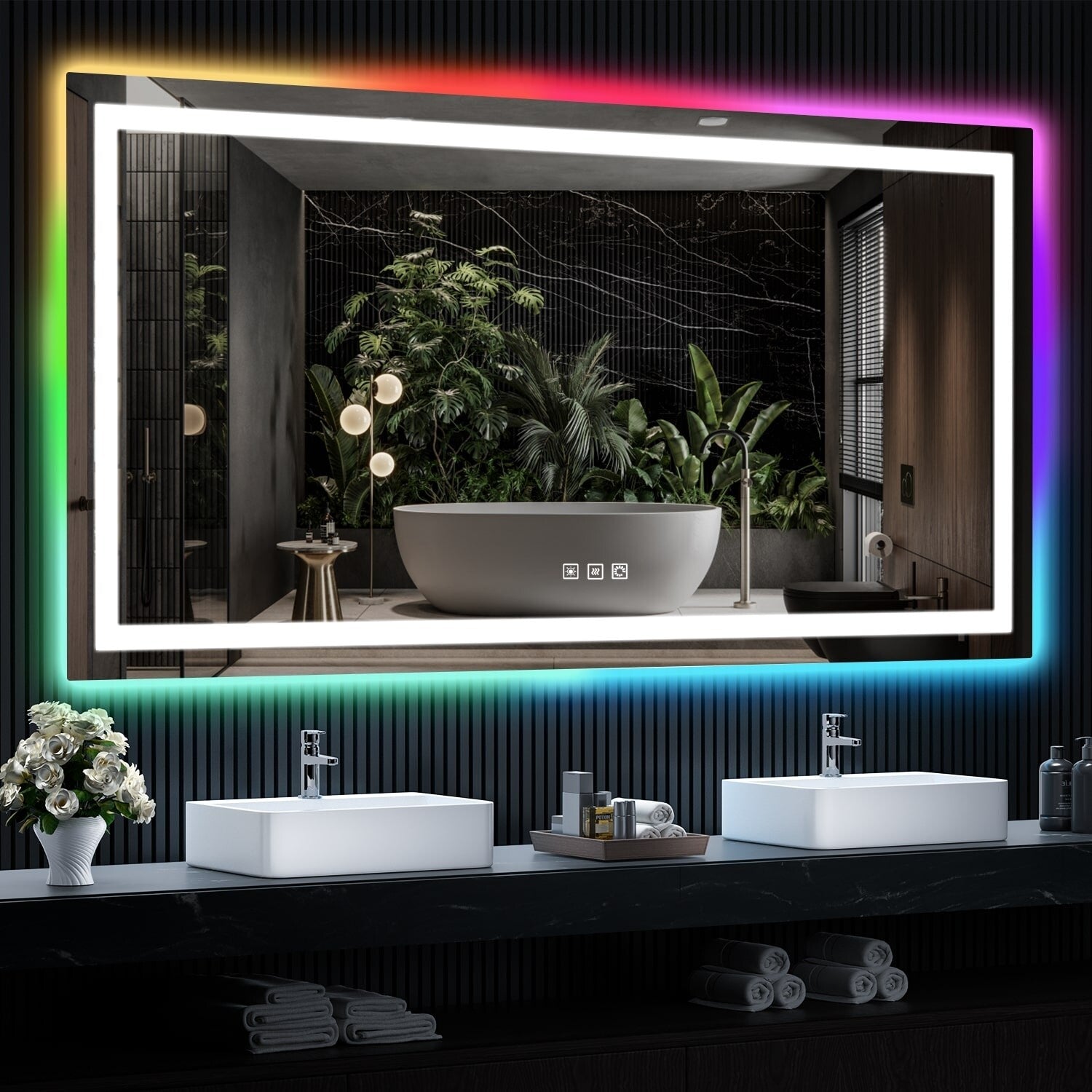 Miroir de salle de bain anti-buée avec rétroéclairage RGB et éclairage LED frontal