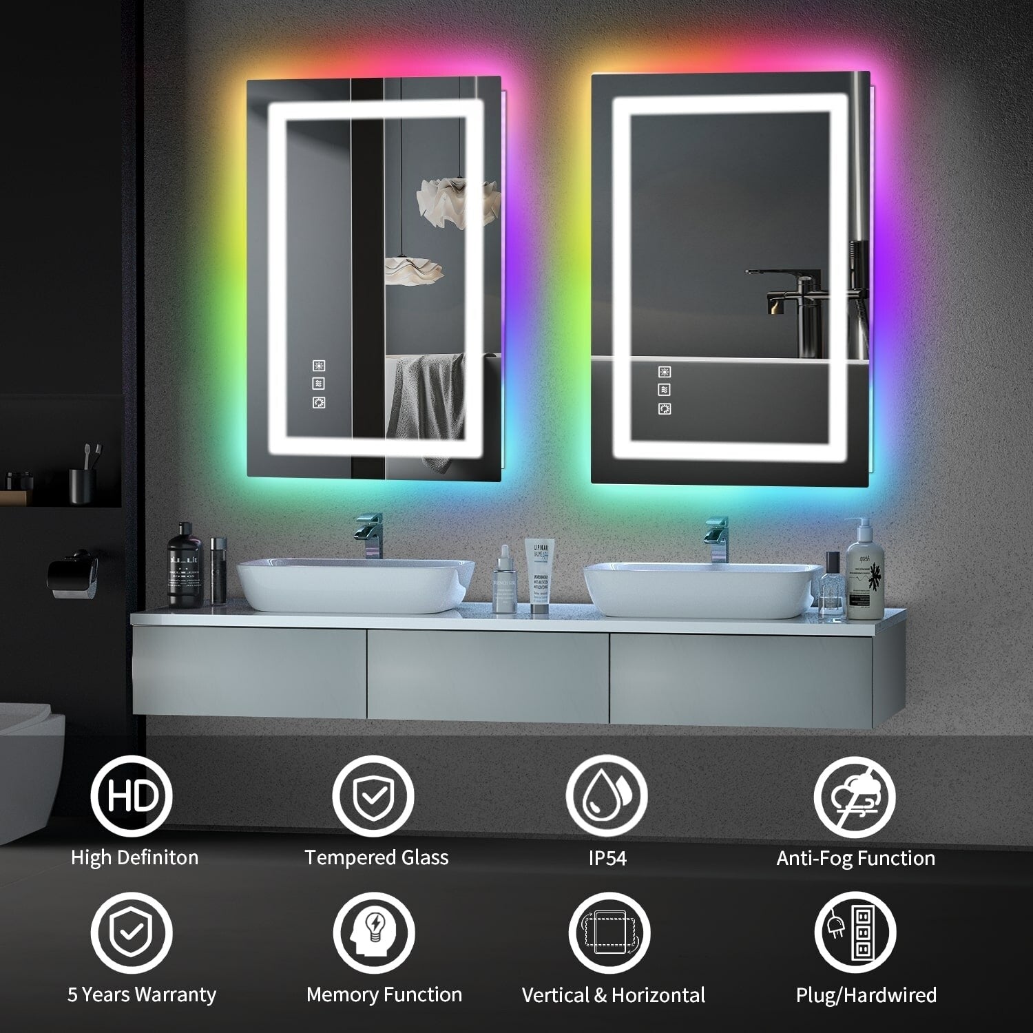 Miroir de salle de bain anti-buée avec rétroéclairage RGB et éclairage LED frontal