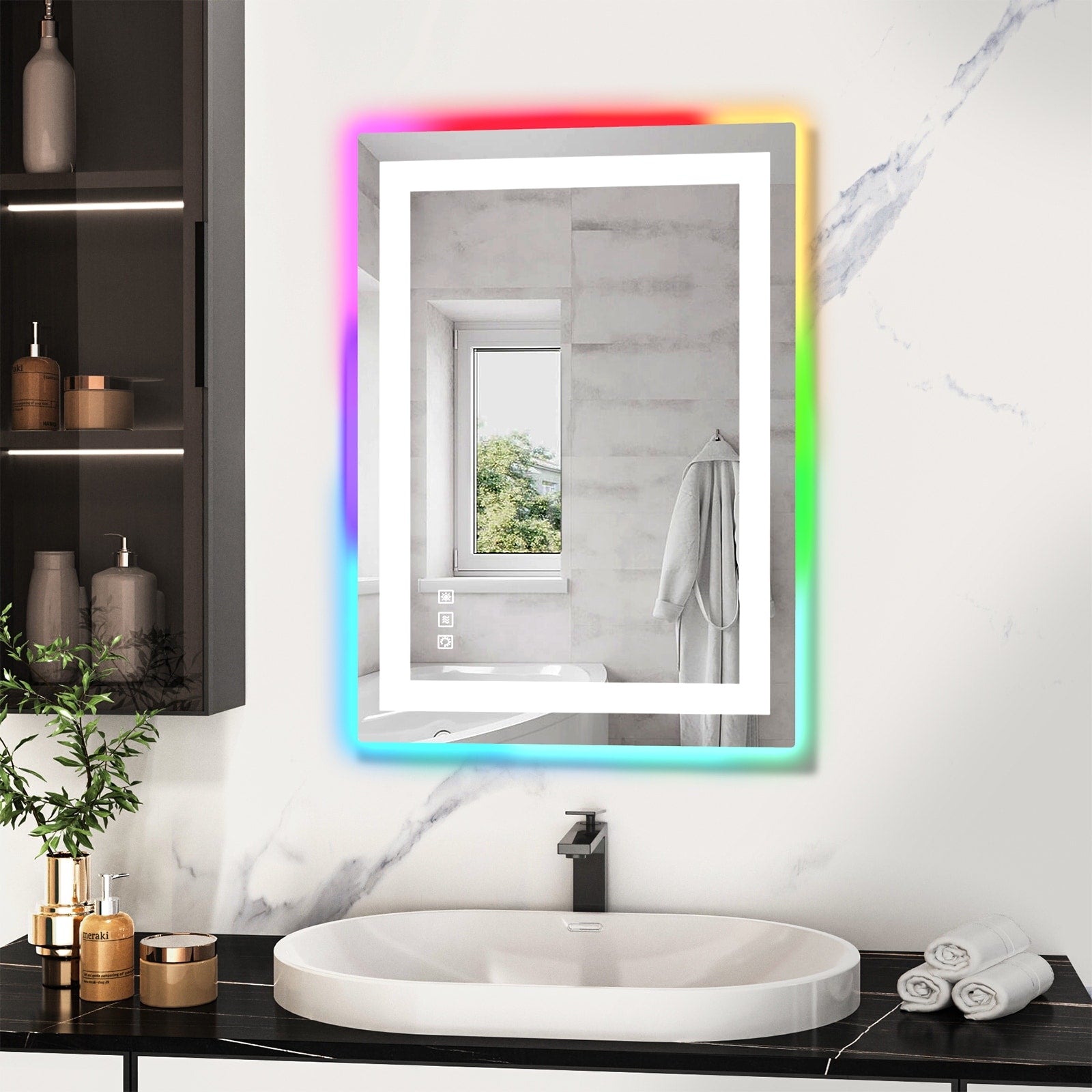 Miroir de salle de bain anti-buée avec rétroéclairage RGB et éclairage LED frontal