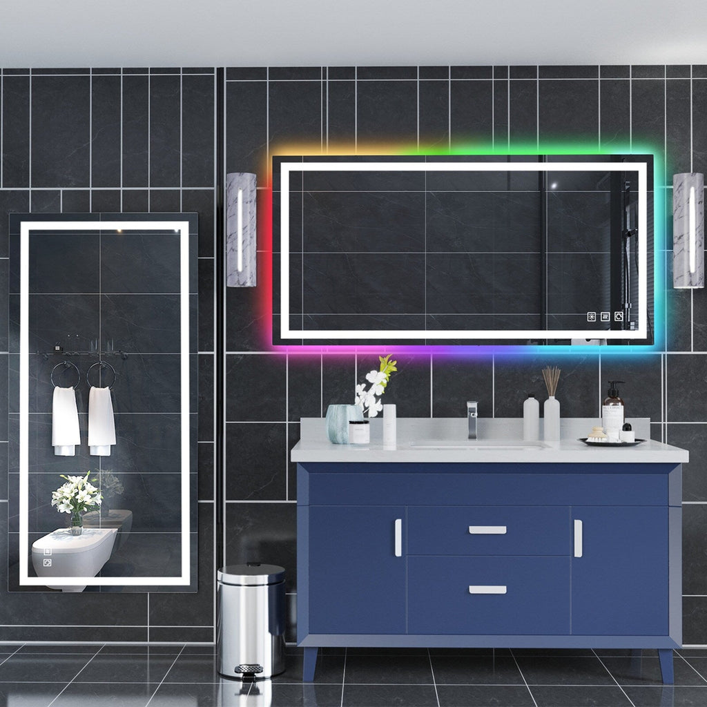 Miroir de salle de bain anti-buée avec rétroéclairage RGB et éclairage LED frontal