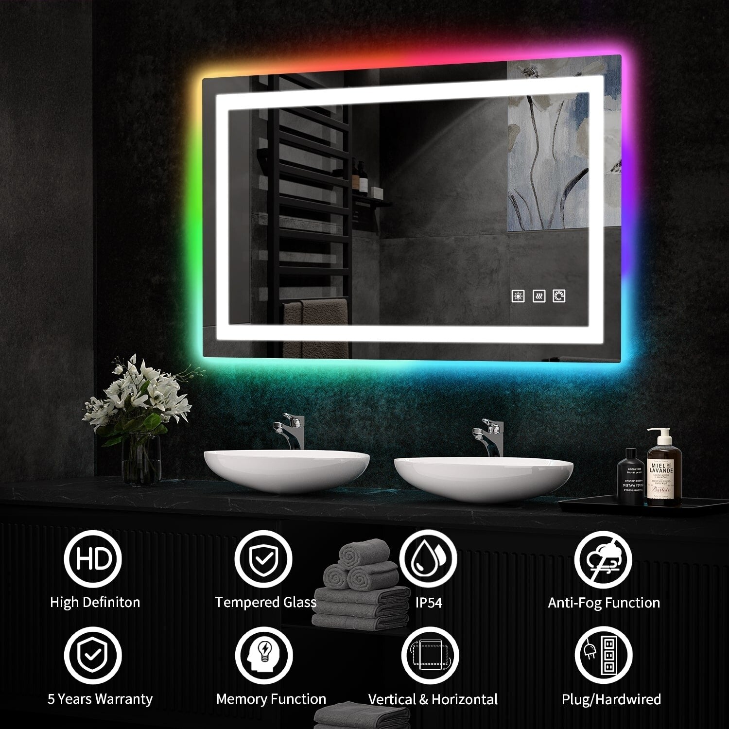Miroir de salle de bain anti-buée avec rétroéclairage RGB et éclairage LED frontal