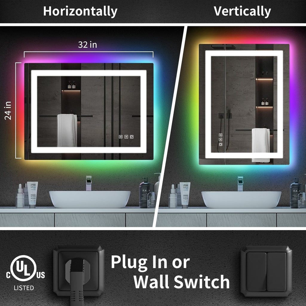 Miroir de salle de bain anti-buée avec rétroéclairage RGB et éclairage LED frontal