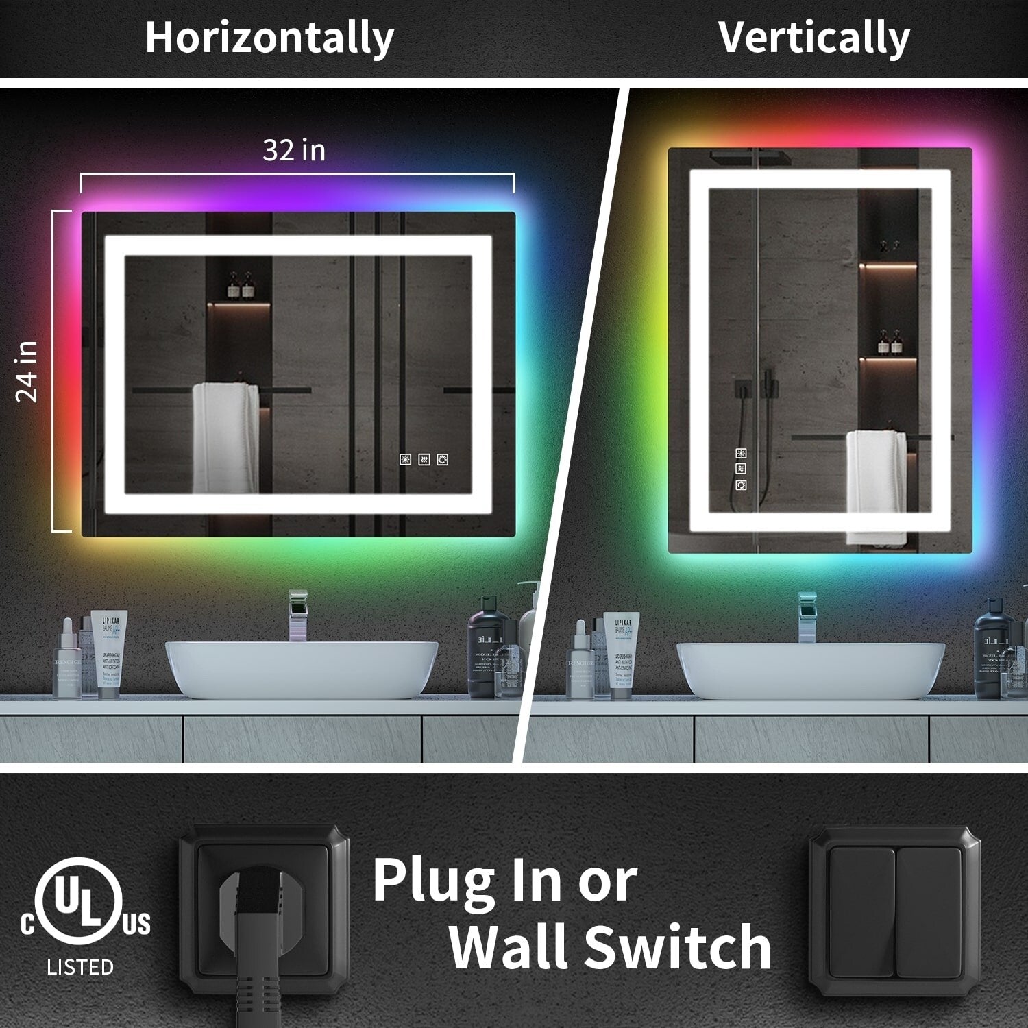 Miroir de salle de bain anti-buée avec rétroéclairage RGB et éclairage LED frontal