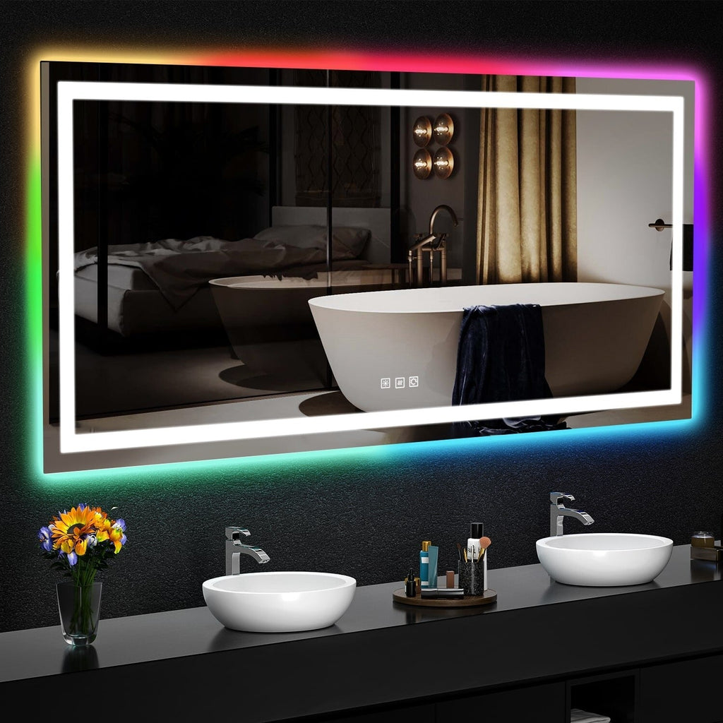 Miroir de salle de bain anti-buée avec rétroéclairage RGB et éclairage LED frontal
