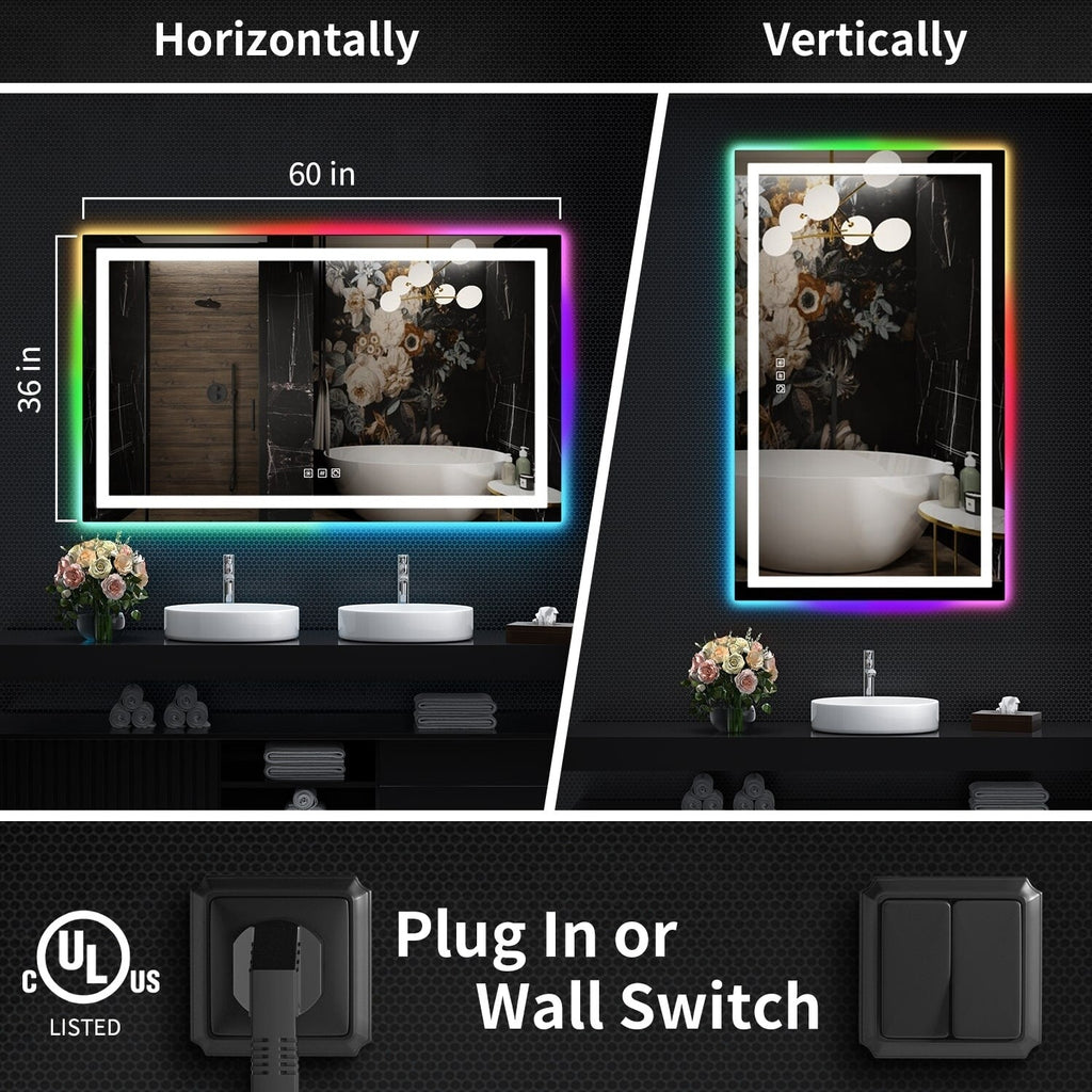 Miroir de salle de bain anti-buée avec rétroéclairage RGB et éclairage LED frontal