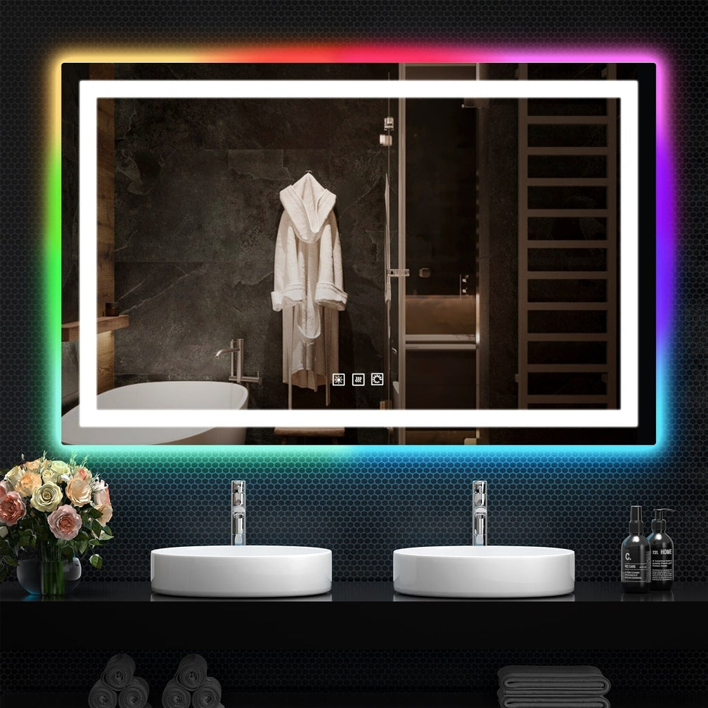 Miroir de salle de bain anti-buée avec rétroéclairage RGB et éclairage LED frontal