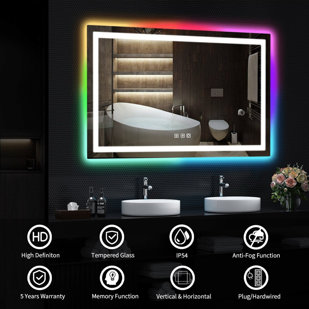 Miroir de salle de bain anti-buée avec rétroéclairage RGB et éclairage LED frontal
