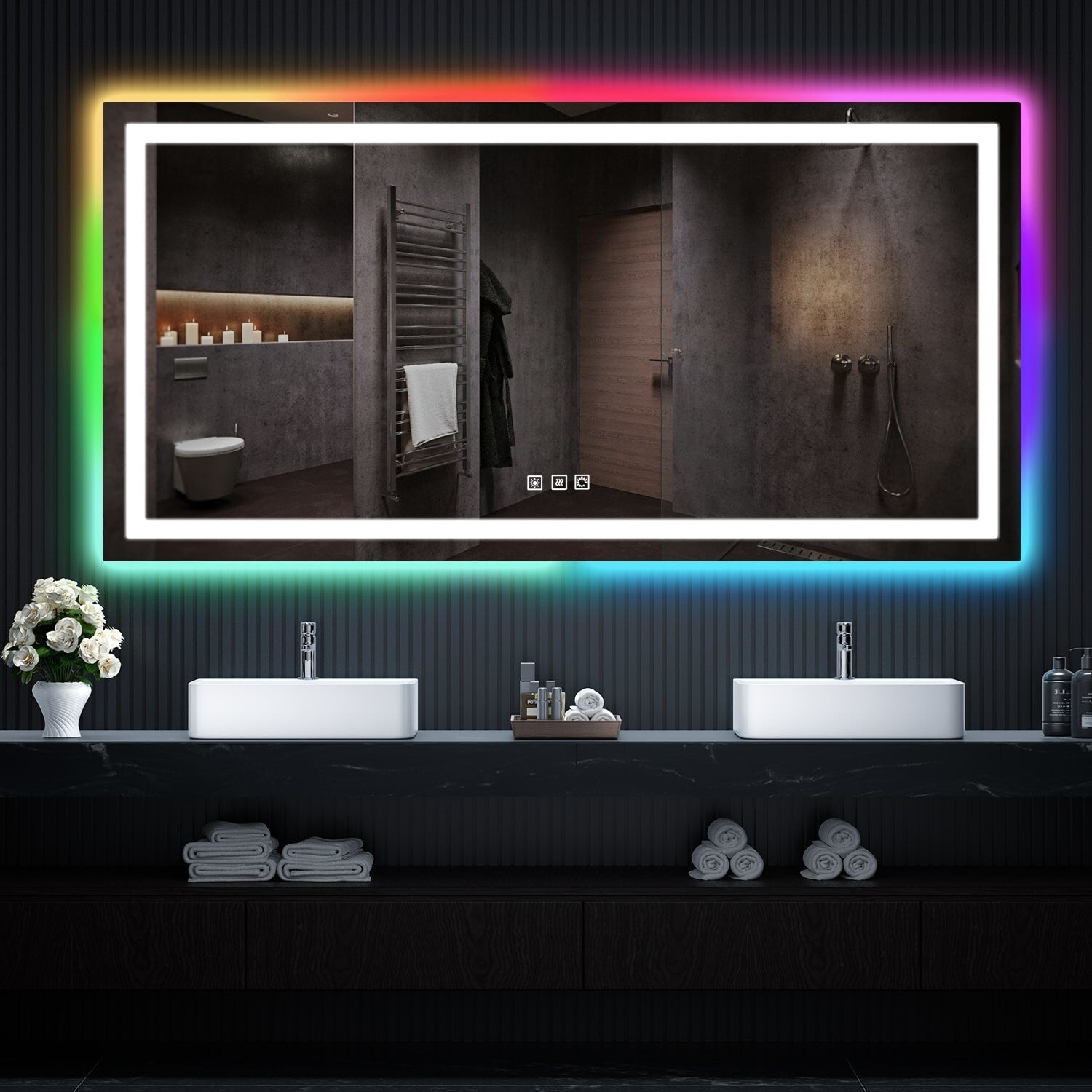 Miroir de salle de bain anti-buée avec rétroéclairage RGB et éclairage LED frontal