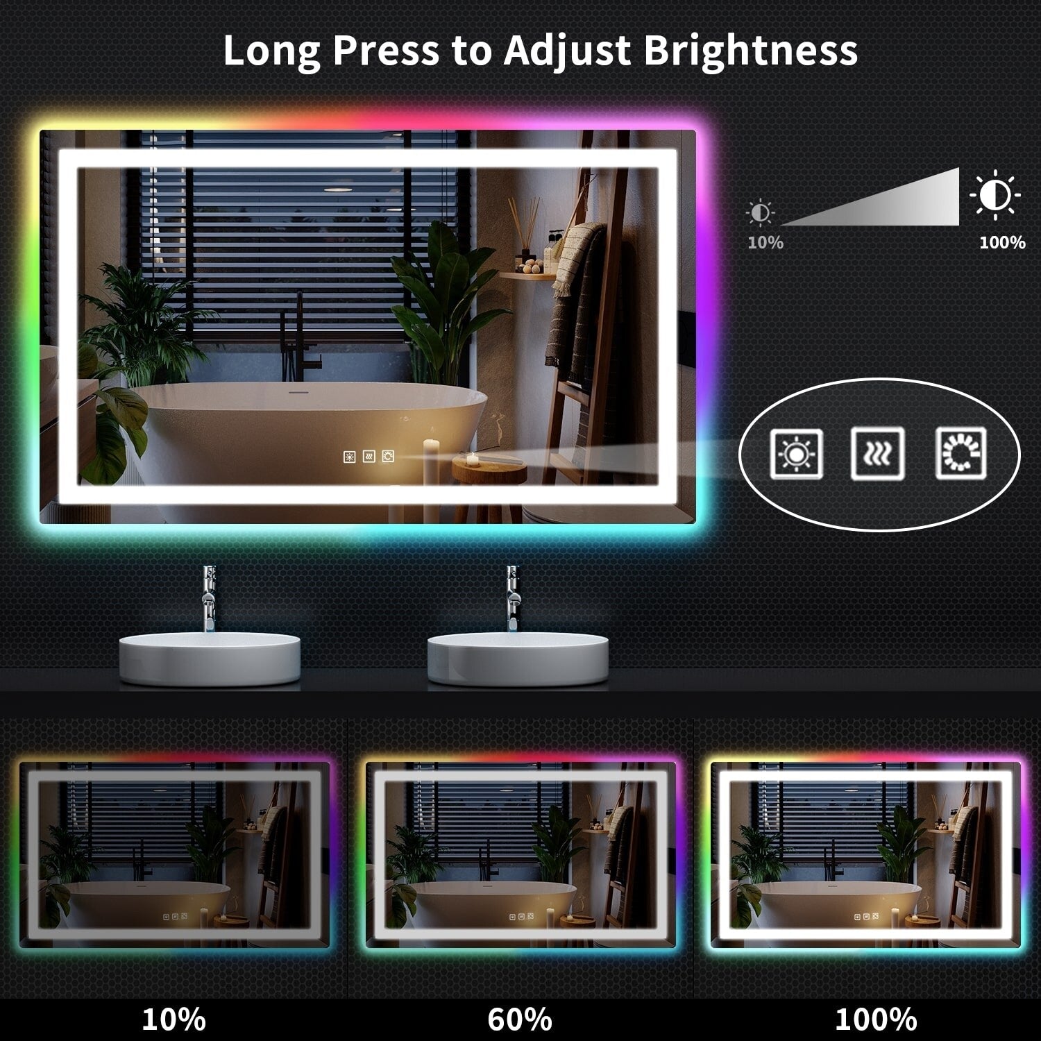 Miroir de salle de bain anti-buée avec rétroéclairage RGB et éclairage LED frontal