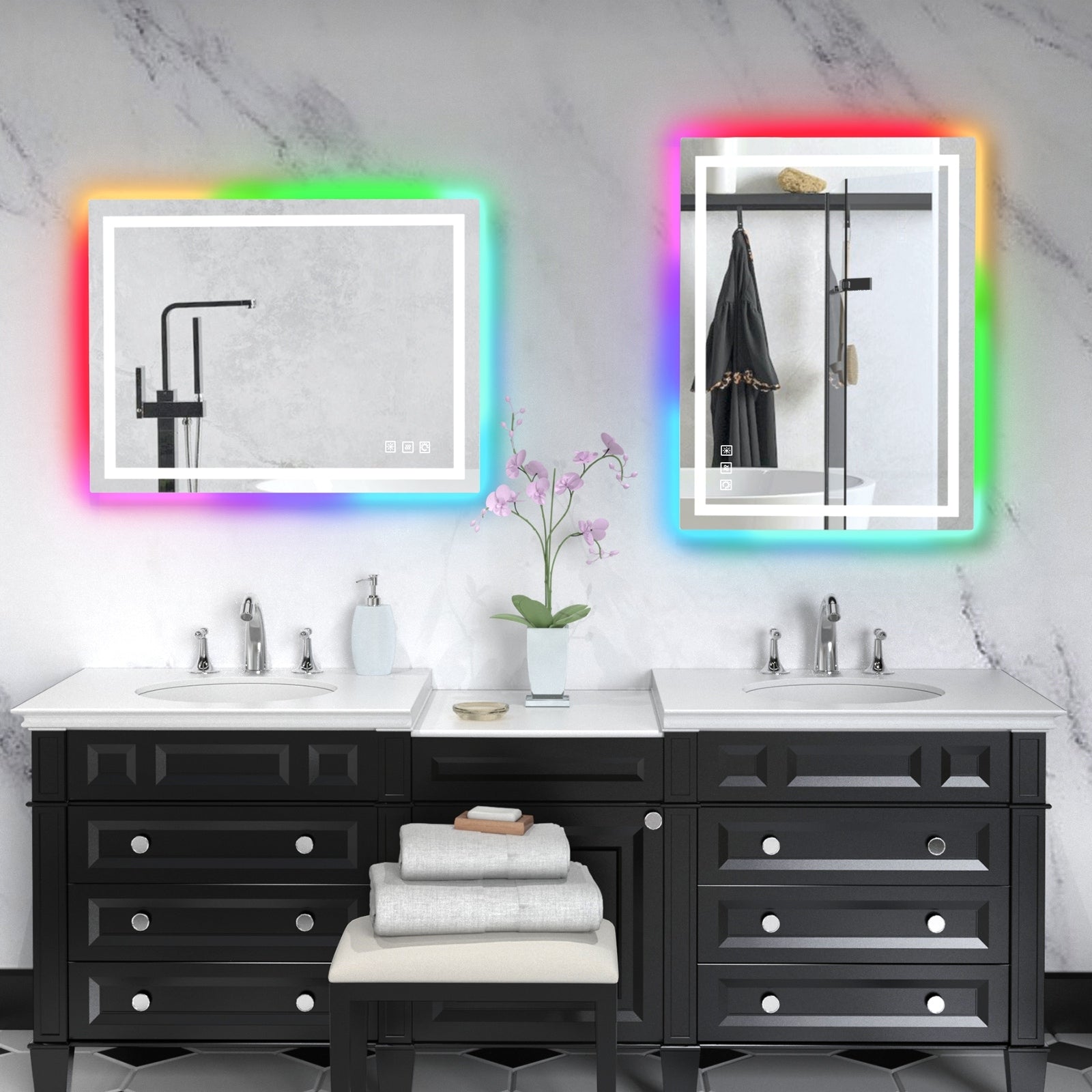 Miroir de salle de bain anti-buée avec rétroéclairage RGB et éclairage LED frontal