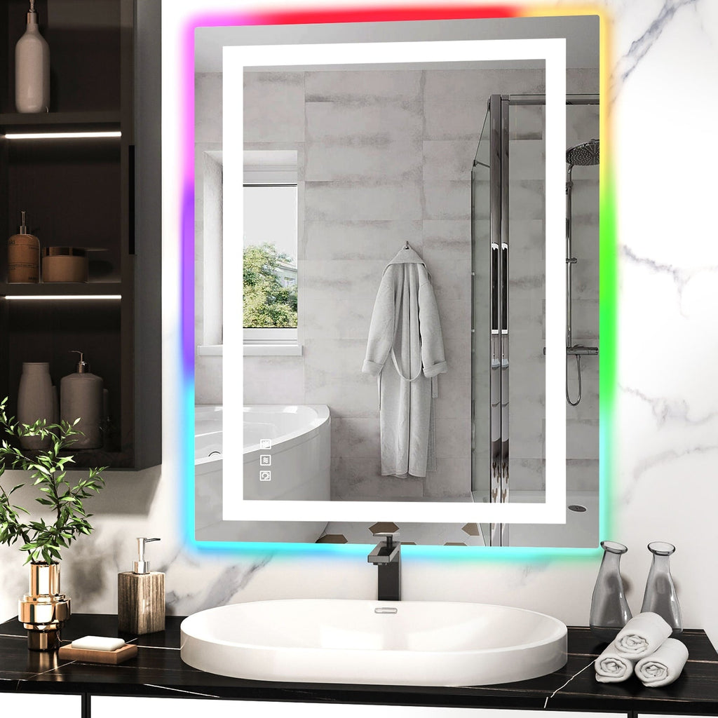 Miroir de salle de bain anti-buée avec rétroéclairage RGB et éclairage LED frontal