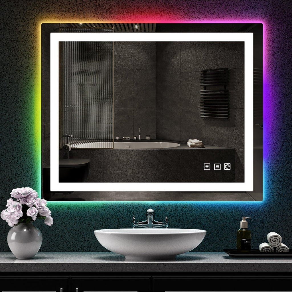 Miroir de salle de bain anti-buée avec rétroéclairage RGB et éclairage LED frontal