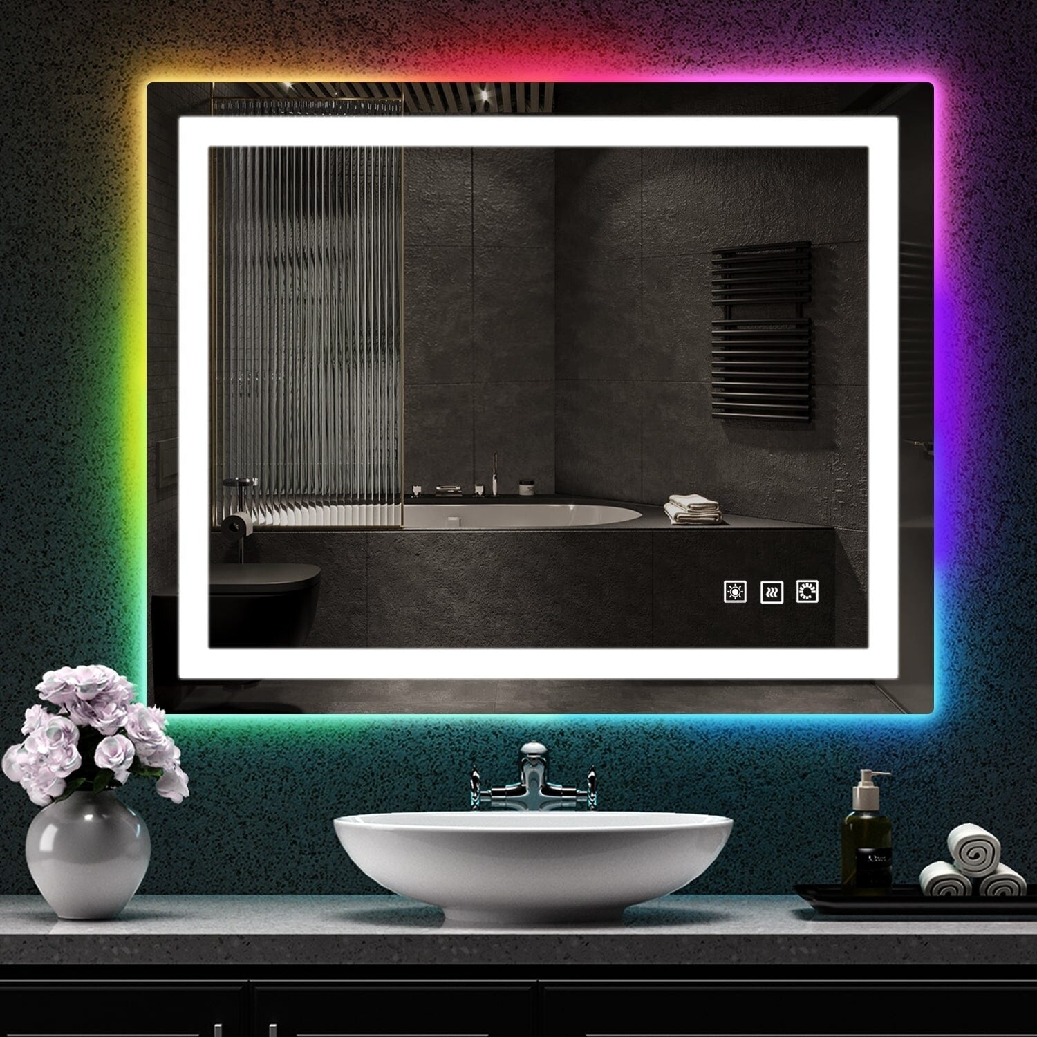 Miroir de salle de bain anti-buée avec rétroéclairage RGB et éclairage LED frontal