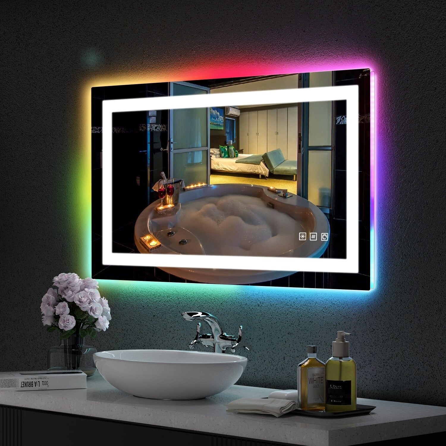 Miroir de salle de bain anti-buée avec rétroéclairage RGB et éclairage LED frontal