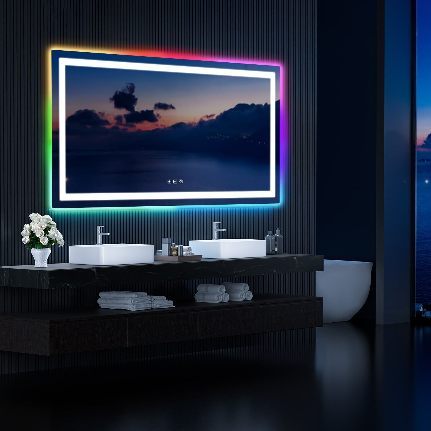 Miroir de salle de bain anti-buée avec rétroéclairage RGB et éclairage LED frontal