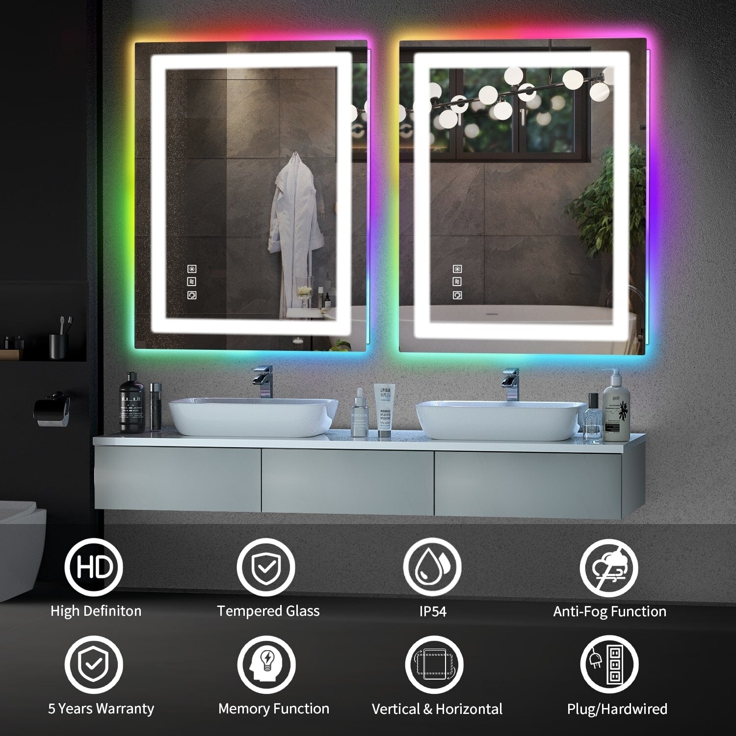 Miroir de salle de bain anti-buée avec rétroéclairage RGB et éclairage LED frontal