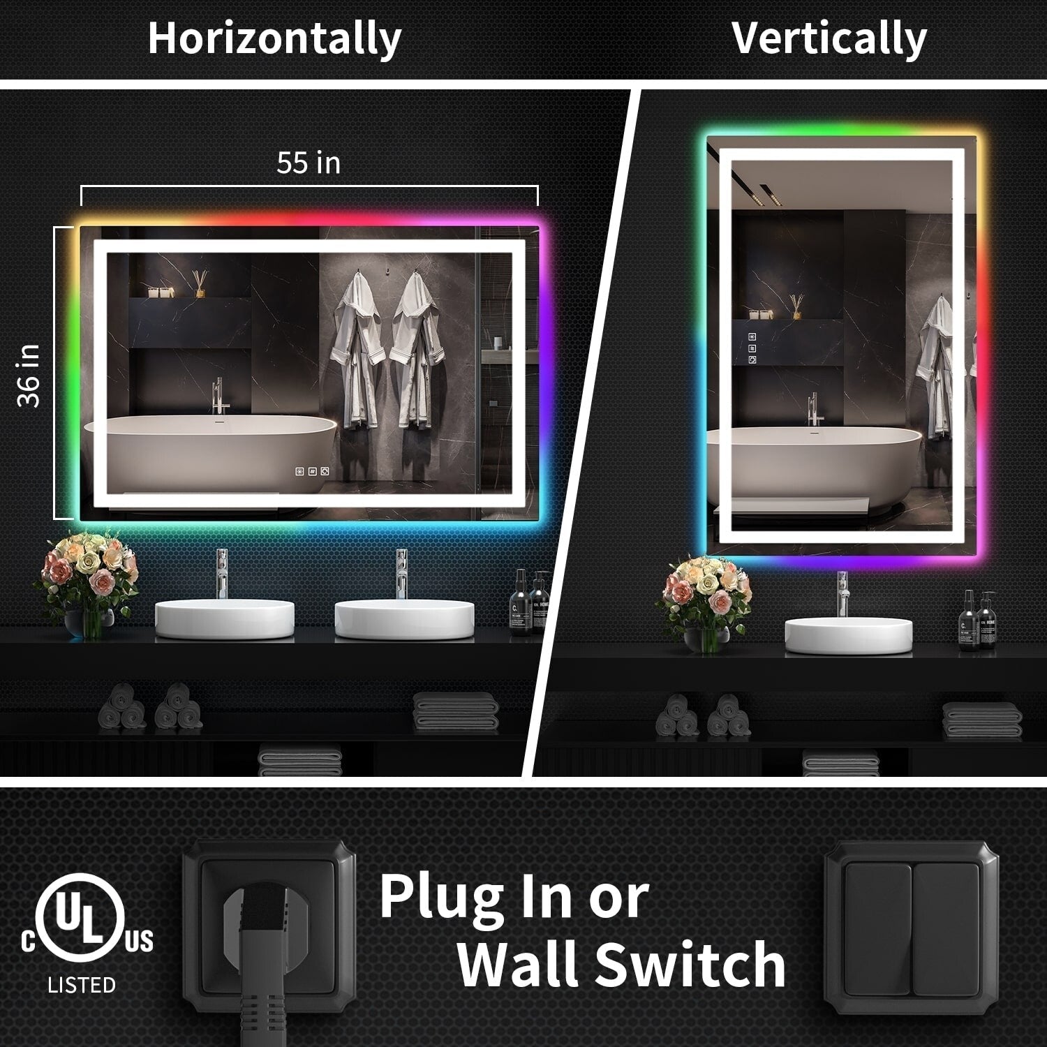 Miroir de salle de bain anti-buée avec rétroéclairage RGB et éclairage LED frontal