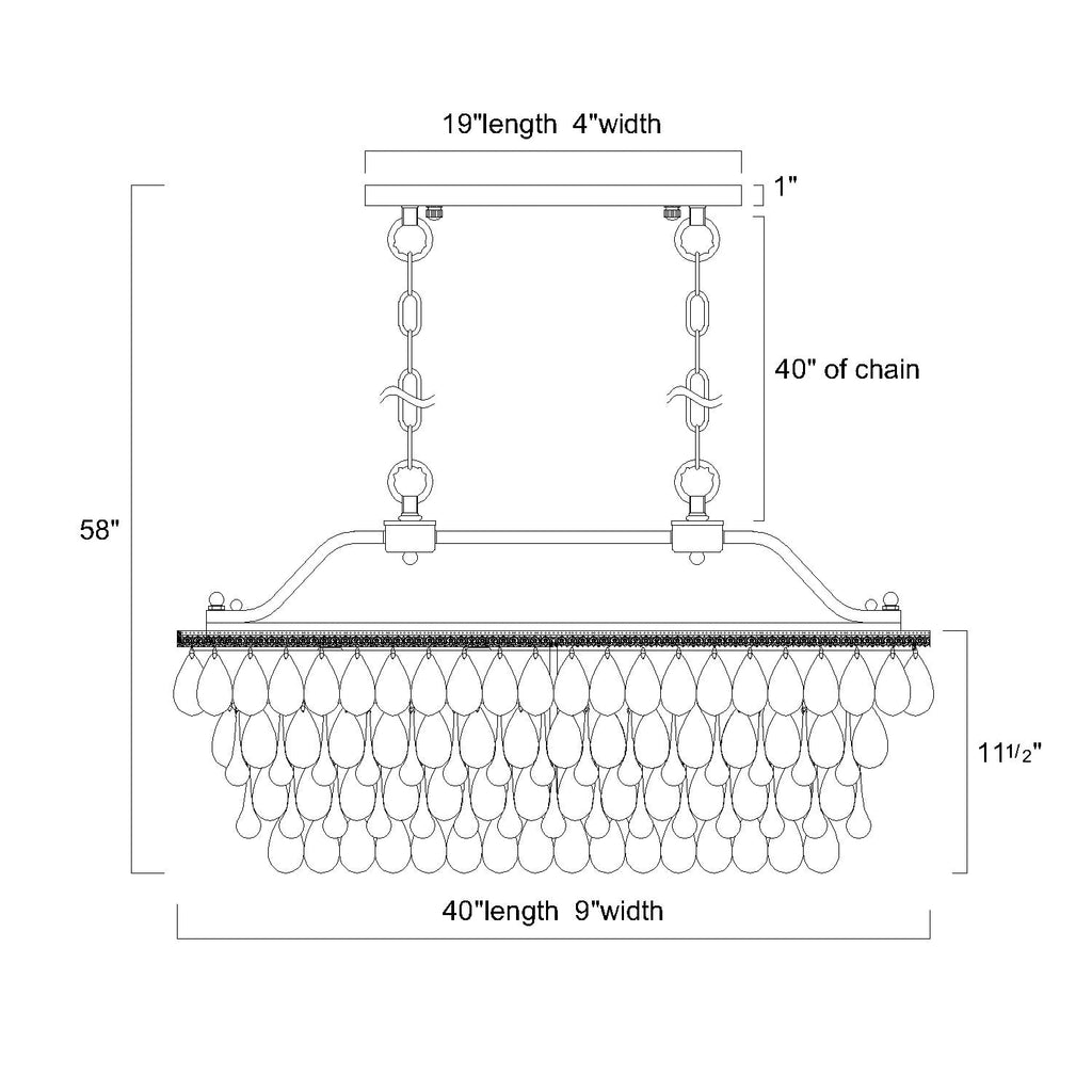 Suspension rectangulaire pour îlot de cuisine à 6 lumières en bronze antique avec cristaux - Bronze antique