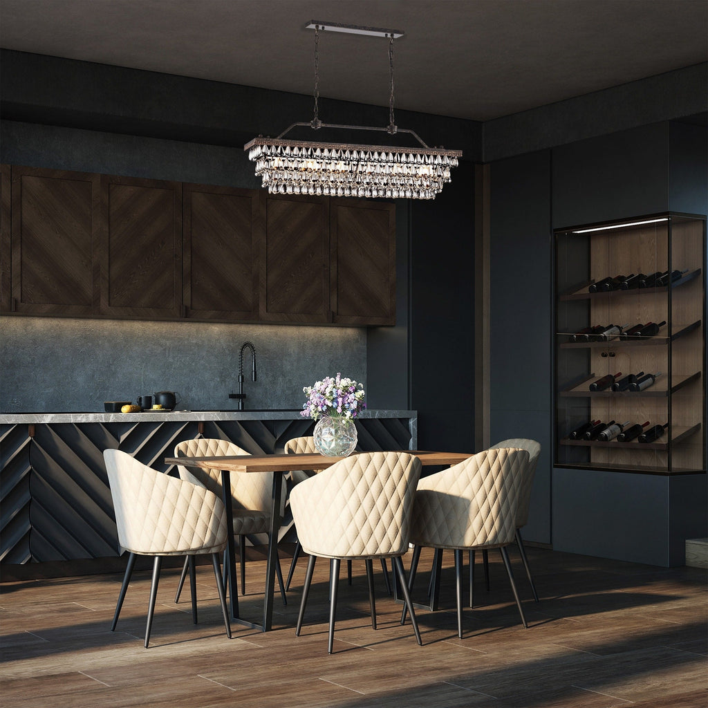 Suspension rectangulaire pour îlot de cuisine à 6 lumières en bronze antique avec cristaux - Bronze antique