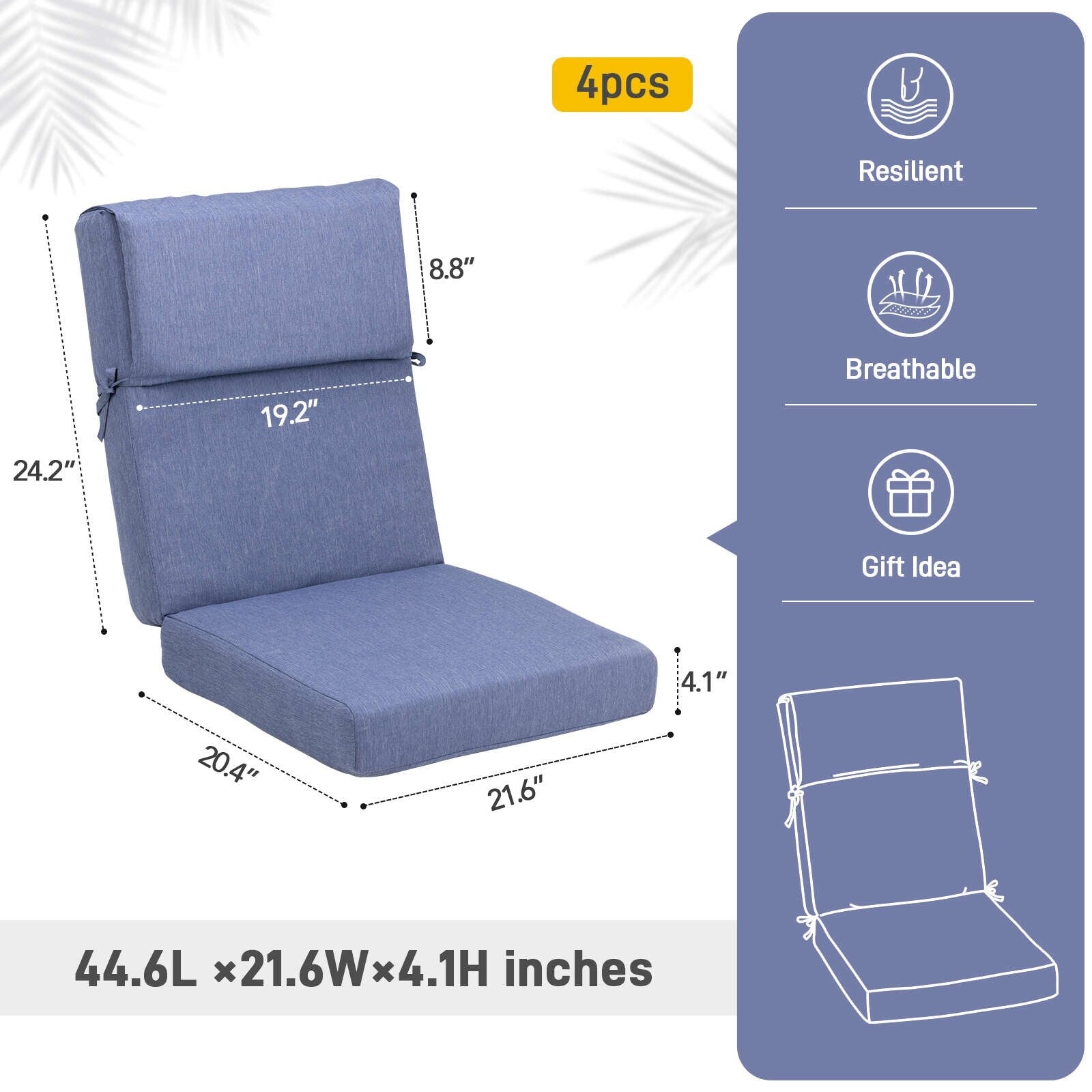 Aoodor Lot de 4 coussins pour chaises de jardin à dossier haut, 117x53x10 cm (coussins uniquement)