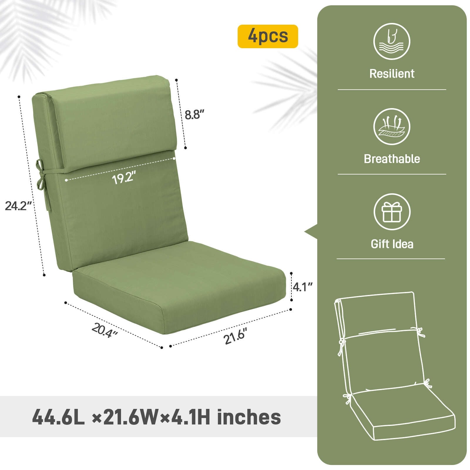 Aoodor Lot de 4 coussins pour chaises de jardin à dossier haut, 117x53x10 cm (coussins uniquement)